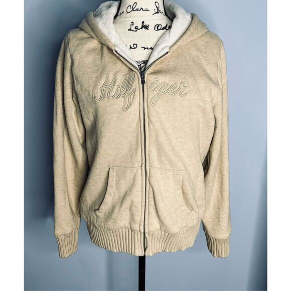 Tommy Hilfiger Women’s XL Tan Faux Fur Sherpa Lined Full Zip Jacket Coat Hooded - Picture 1 of 8